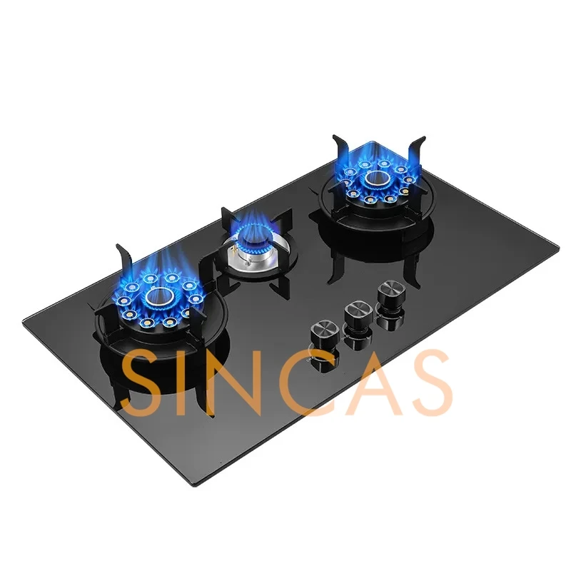 الوجه العلوي موقد النار العالي جزءا لا يتجزأ من موقد غاز زجاجي 5.2KW شرسة النار الغاز المسال/الغاز الطبيعي المنزل والتجاري 3-موقد