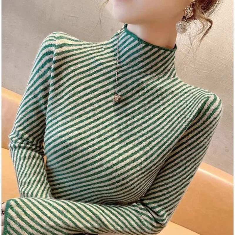 Women\'s 2023 Autumn Winter with Slanted Stripe Pullover Half High Collar Fashionable Slim Fitting Knitted Long Sleeved Sweaters