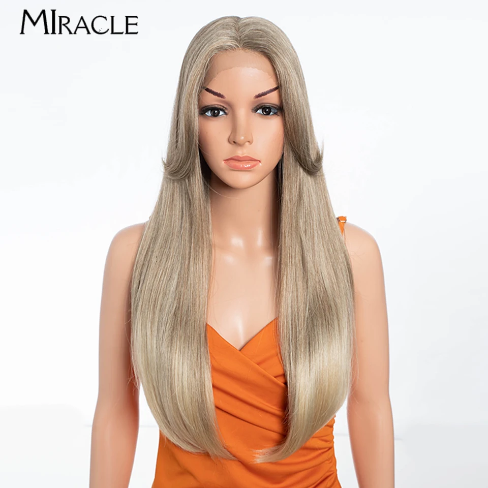 

MIRACLE 24 Inch Synthetic Lace Front Wig for Women Straight Lace Wigs With Bangs Heat Resistant Cosplay Wig Highlight Blonde