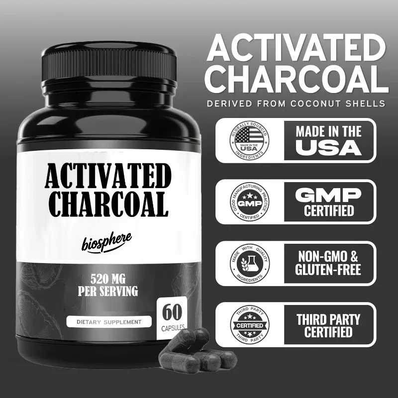 Organic Activated Carbon Cleaning Pills - Activated Carbon from Coconut Shell, 520mg per serving, 60 capsules