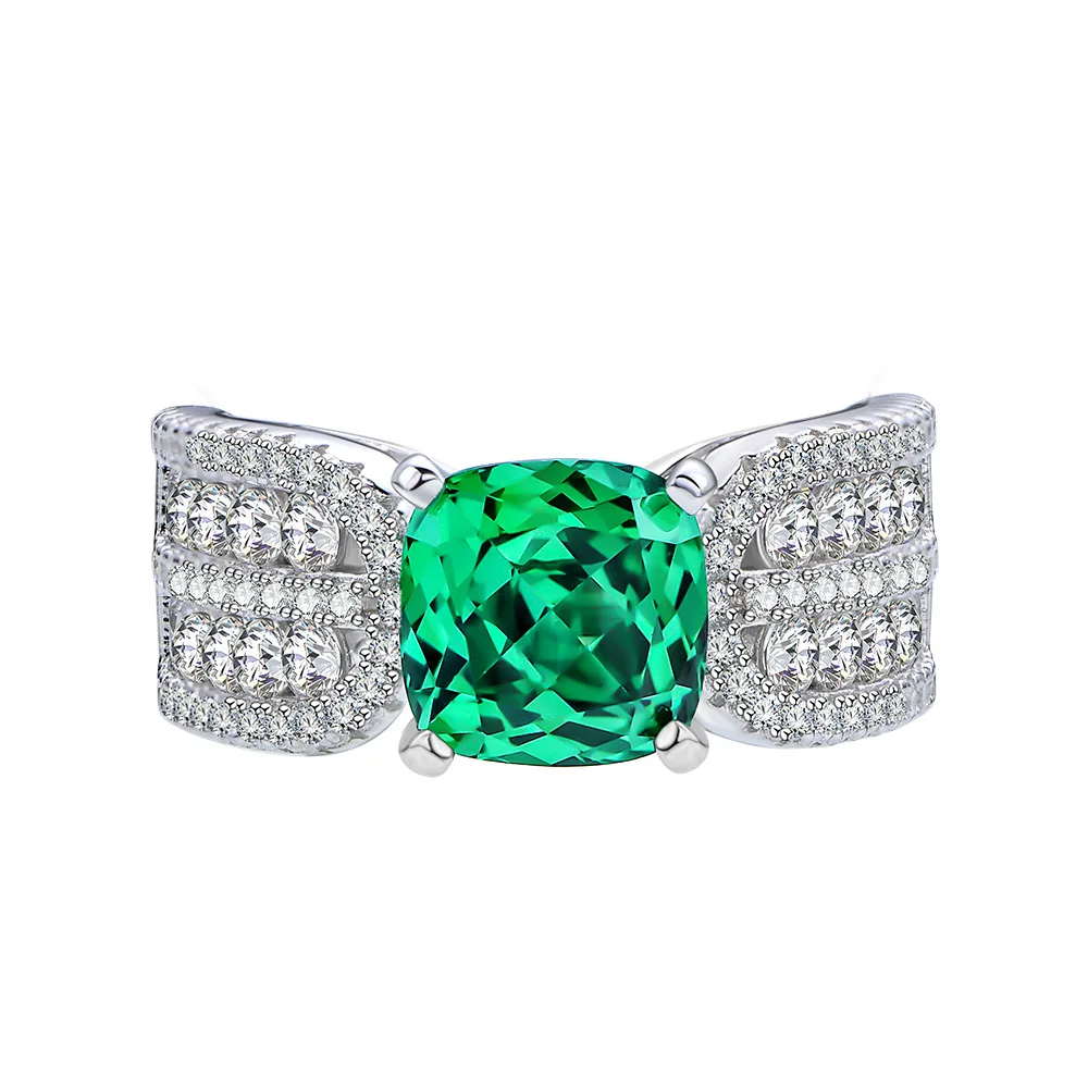 Zhenchengda 8 * 8 Fat Square Imitation Emerald Diamond Ring Set with High Carbon Diamond 925 Silver Ring