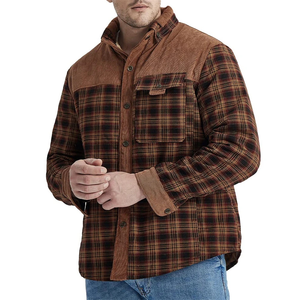 Men's Cargo Work Jacket Long Sleeve Sherpa Lined Shirt Jacket Flannel Plaid Cotton Coats Winter Trucker Jackets Snap Button Tops