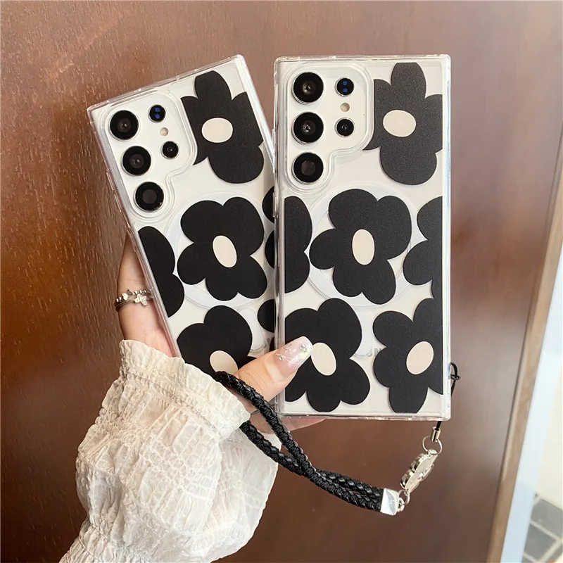 Black Flowers Magsafe Case for Samsung Galaxy S22 23 24 S22Plus S22Ultra S23+ S23Ultra  S24Plus S24Ultra Cover Protective Shell