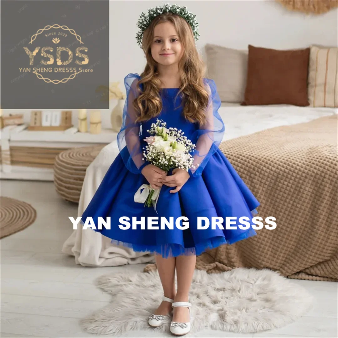 Customized Flower Girl Dresses Royal Satin Tulle With Zipper Long Sleeve For Wedding Birthday Party Banquet Prom Holy Communion