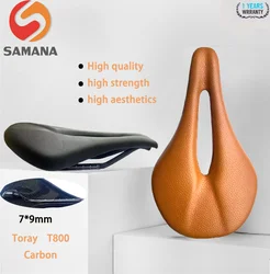 Samana-Hollow Breathable Microfiber Leather Road Bike Seat Cushion, Retro Black, khaki, T800 Carbon Fiber, 7*9mm, 138g