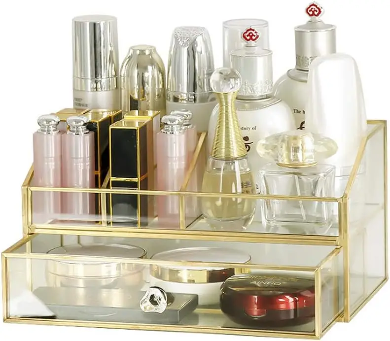 

Clear Makeup Brush Organizer Jewelry Display Box, Gold Holder for Vanity Bathroom Office