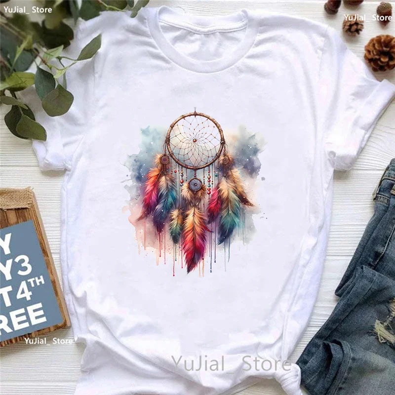 

Watercolor Dreamcatcher Printed T Shirt Women Wind Chimes Funny Tshirt Femme Summer Short Sleeve T-Shirt Female Streetwear