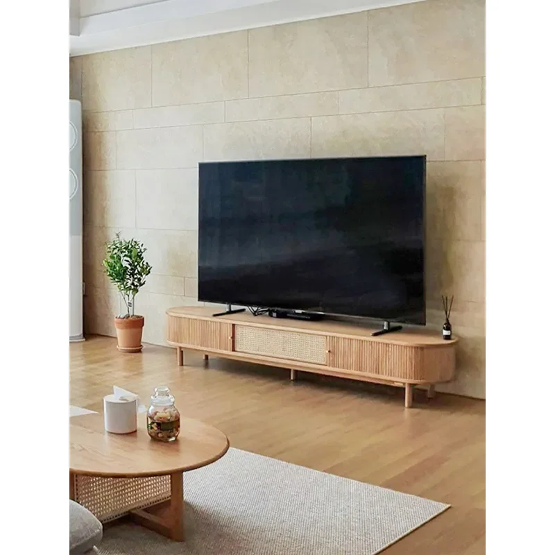 Japanese Style Solid Wood Rattan TV Cabinet Small Apartment Household Locker Simple Modern Designer Rolling Shutter Door