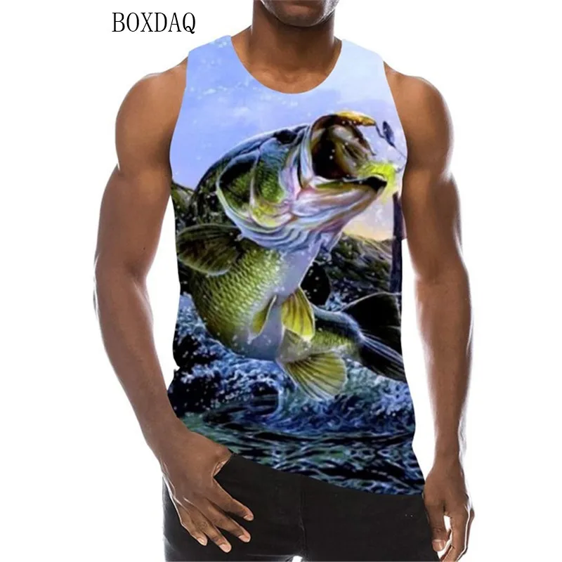 Fish Pattern Tank For Men's Sleeveless Summer Animal Fishing 3D Printing Vest 6XL Plus Size Man Clothing Loose Casual Sporty Top