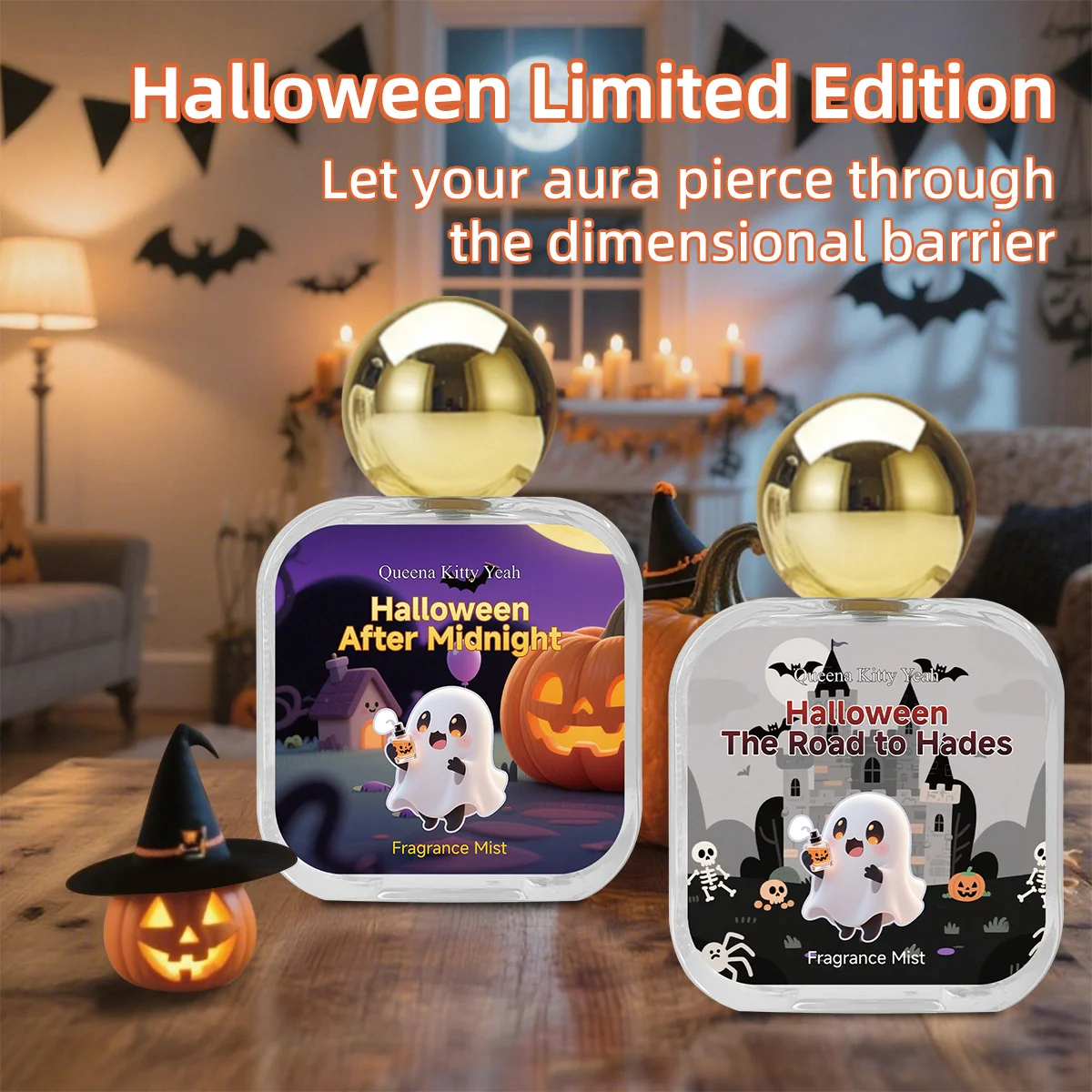 สเปรย์น้ำหอมกลิ่นฮาโลวีนรุ่นลิมิเต็ดอิดิชั่น - 50 มล., ฝาปิดทรงลูกบอลสีทองลายฟักทอง, กล่องของขวัญสีม่วงลายผีการ์ตูน, กลิ่นหอมติดทนนานสำหรับพ่อ