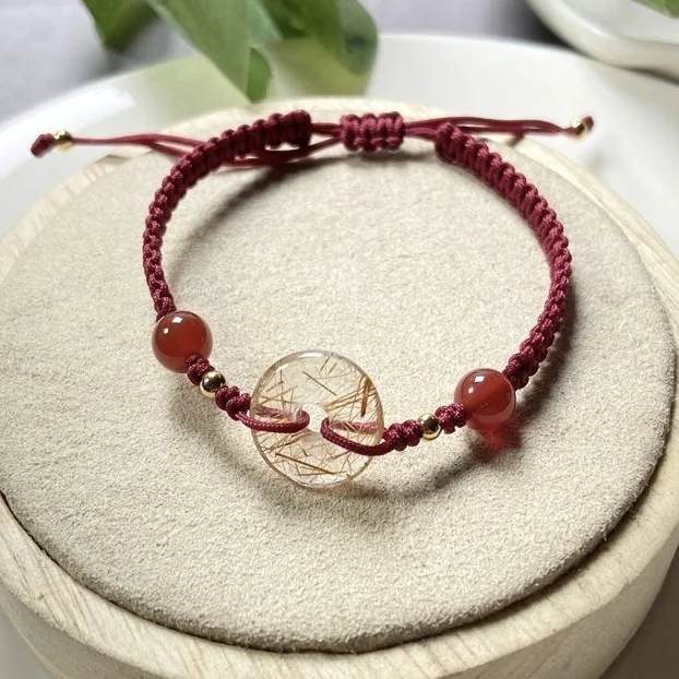 

Lucky Safety Round Ring Natural Red Copper Rutilated Quartz Woven Braid Bracelets for Women Female Fine Jewelry