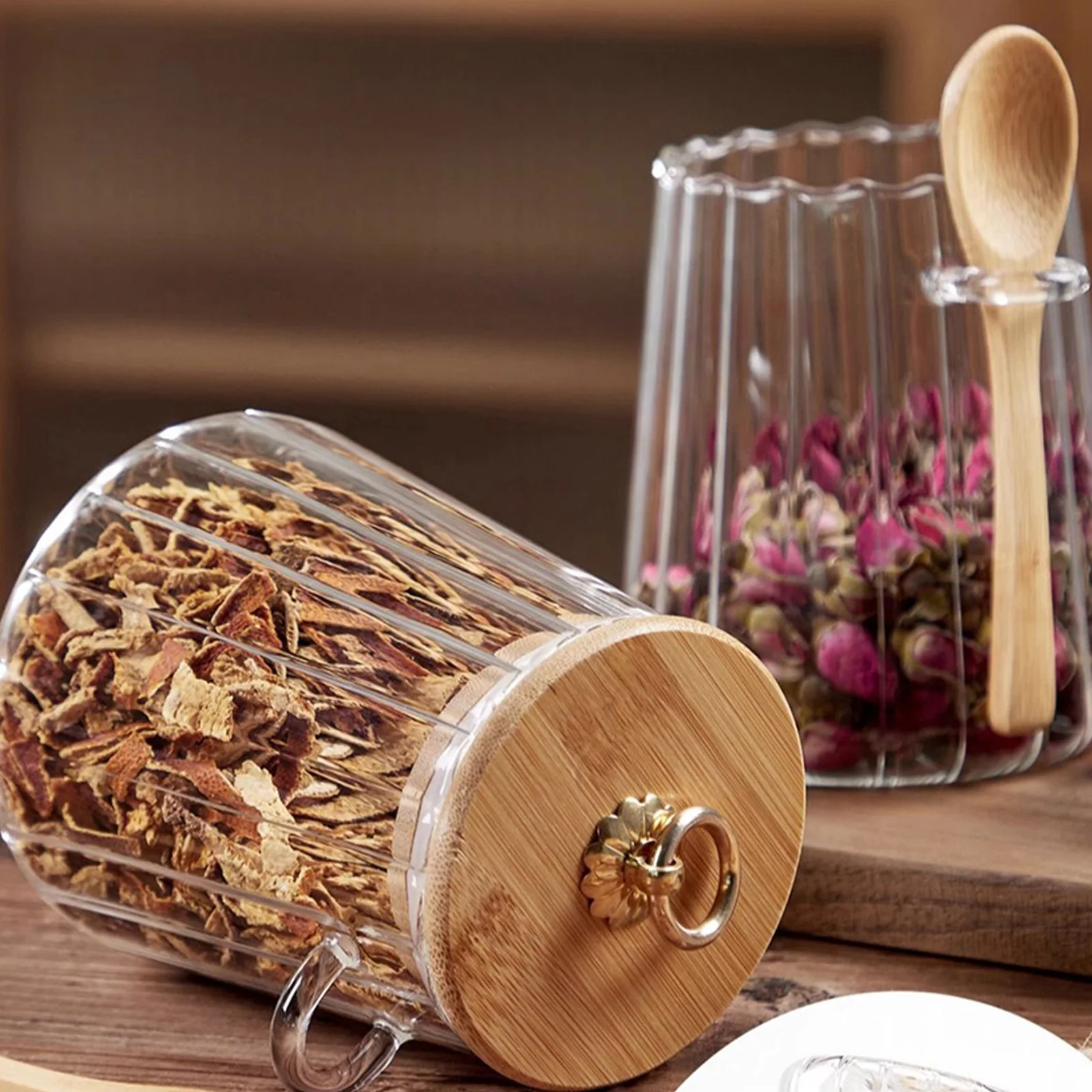 sealed glass jar with spoon and lid Clear Spice jar Small food storage container Sugar jar Tea jar Kitchen coffee jar