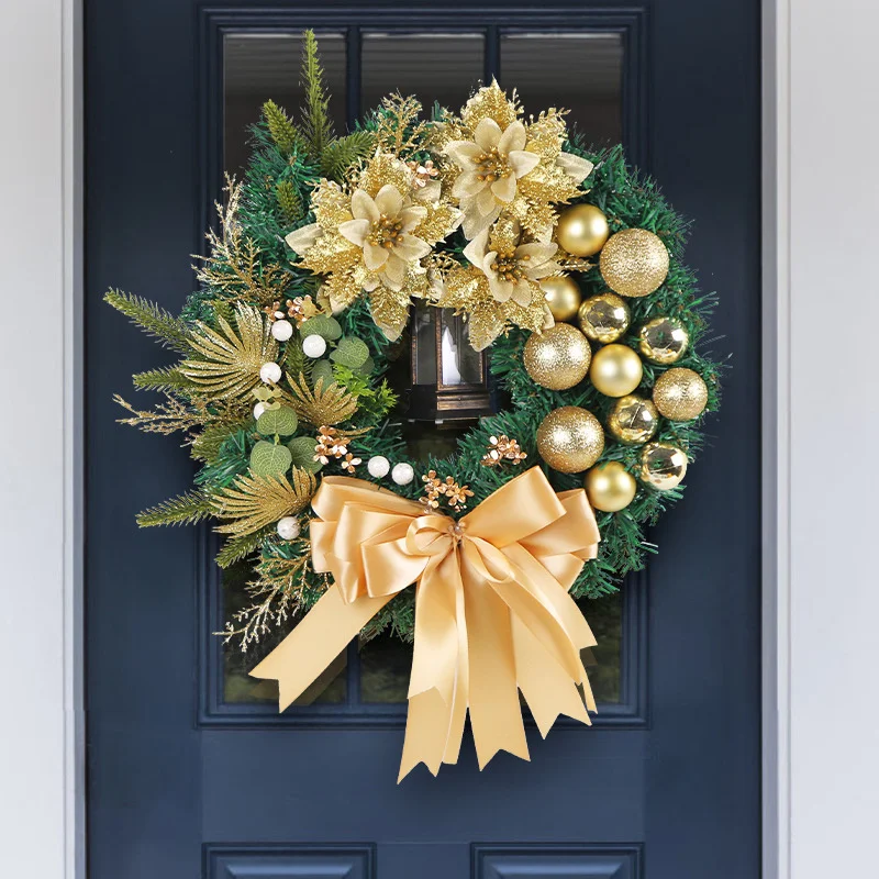 Christmas Wreath Front Door Decoration Golden Christmas Ball Pine Needle Wreath 2024 Christmas Garland Ornament