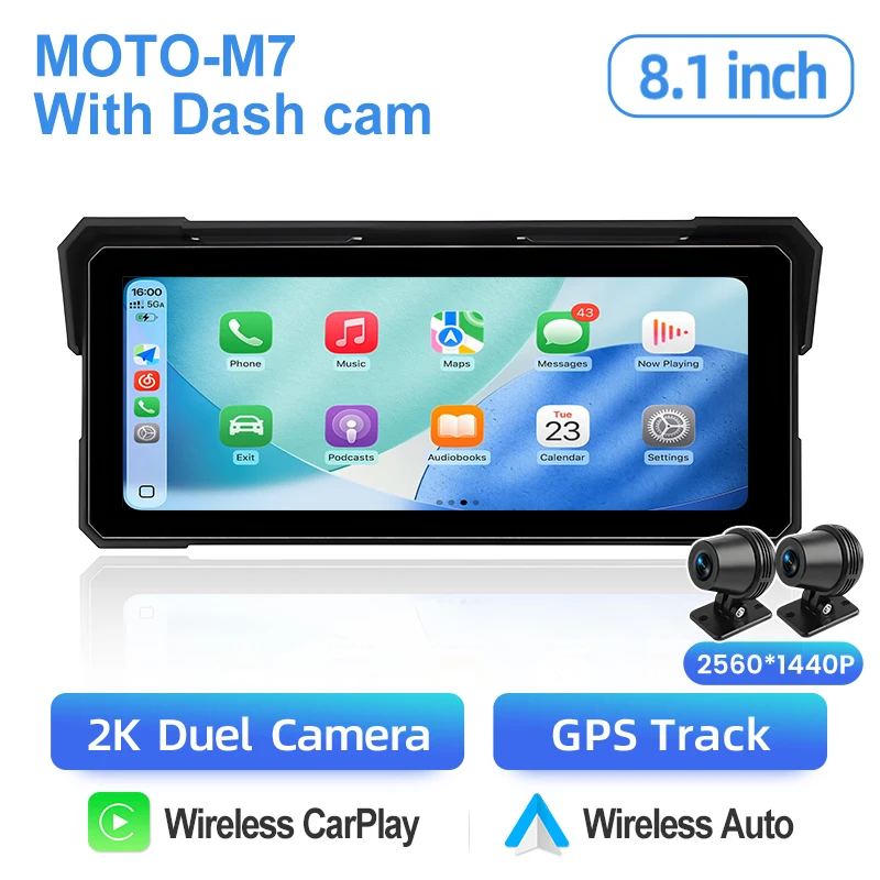 Junsun 8,1 inch Dual 2K motorfiets DVR Carplay Android Auto dashboard GPS navigatiedisplay IPX7 waterdichte dashcam draagbare digitale touchscreen monitor Moto BT