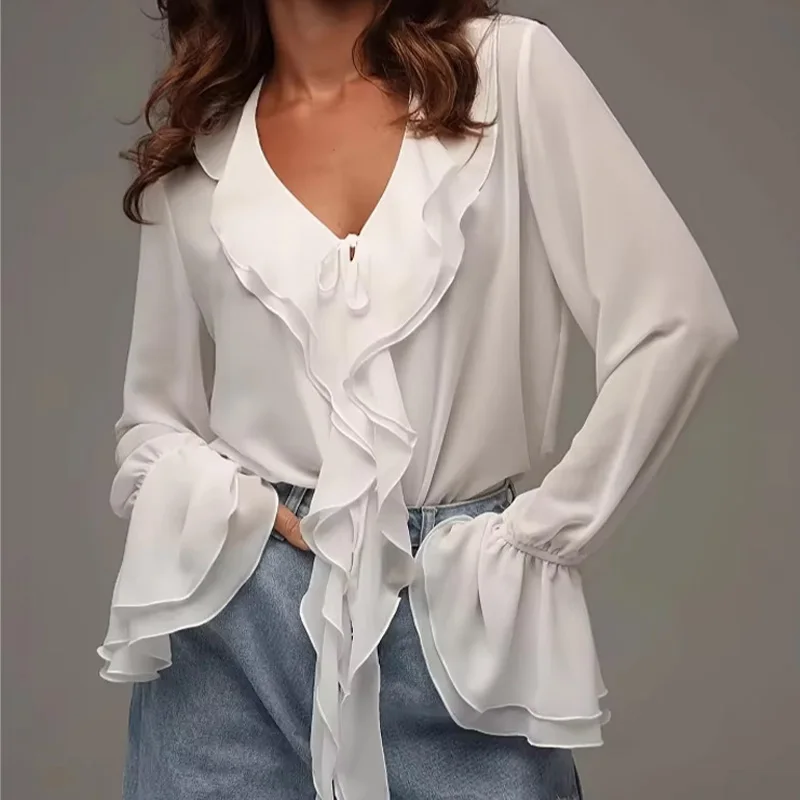 

Casual Loose Women's Top Fashion Mesh Perspective Ruffles Horn Sleeve V-neck Strap Versatile Shirt White Shirt 2025