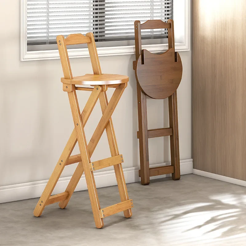 Foldable Modern Minimalist Bar Stool Solid Wood Bamboo Backrest Counter Height Kitchen Island Breakfast Bar Cafe Rattan Chair