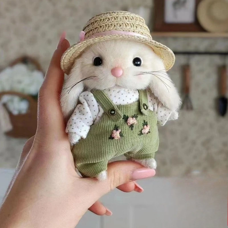 Cute Gardener Lop-Eared Bunny Plush Toy - 14cm Handmade Stuffed Rabbit with Straw Hat & Overalls, Perfect Gift for Girls