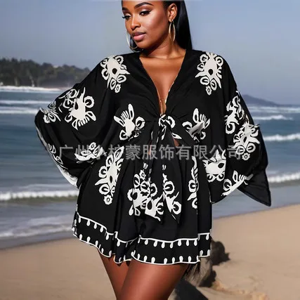 Maat voor dames, korte mouwen bedrukt sexy los met diepe V-hals, dunschiller voor zomervakanties, verzending triangulatie