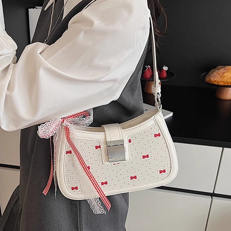 

Latch Bow Lace-up Handbag Women Summer New Korean Rectangle Lace High End Sweet One Shoulder Bag Fashion Commute PU Underarm Bag