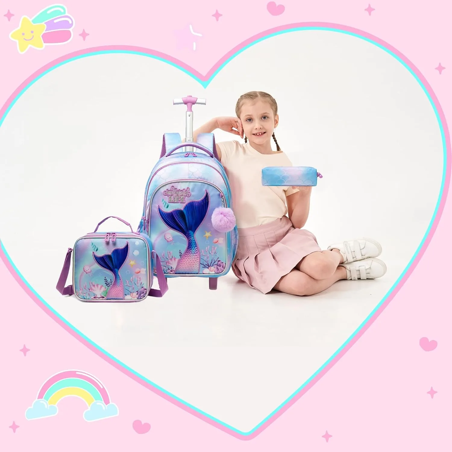 حقيبة مدرسية بعجلات للفتيات للأطفال حقيبة كتب بعجلات مدرسية ذات سعة كبيرة تحمل على الأمتعة حقيبة ظهر دوارة متينة هدية لابنة #6