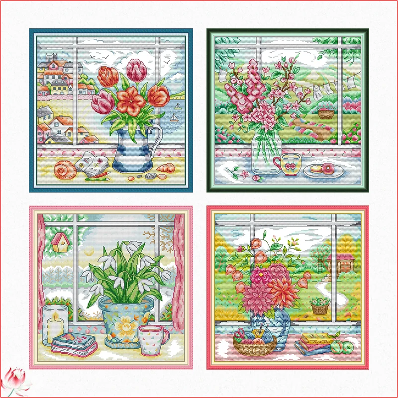 Vase On Windowsill Print Cross Stitch Kits 14CT 11CT Count Printed Canvas Fabric Embroidery DIY Needlework Sewing Kits Home Deco