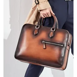 Men's Briefcase Italian Genuine Leather Large Capacity Portable Retro Messenger Shoulder Bags 15.6'' Laptop Business Case Bag