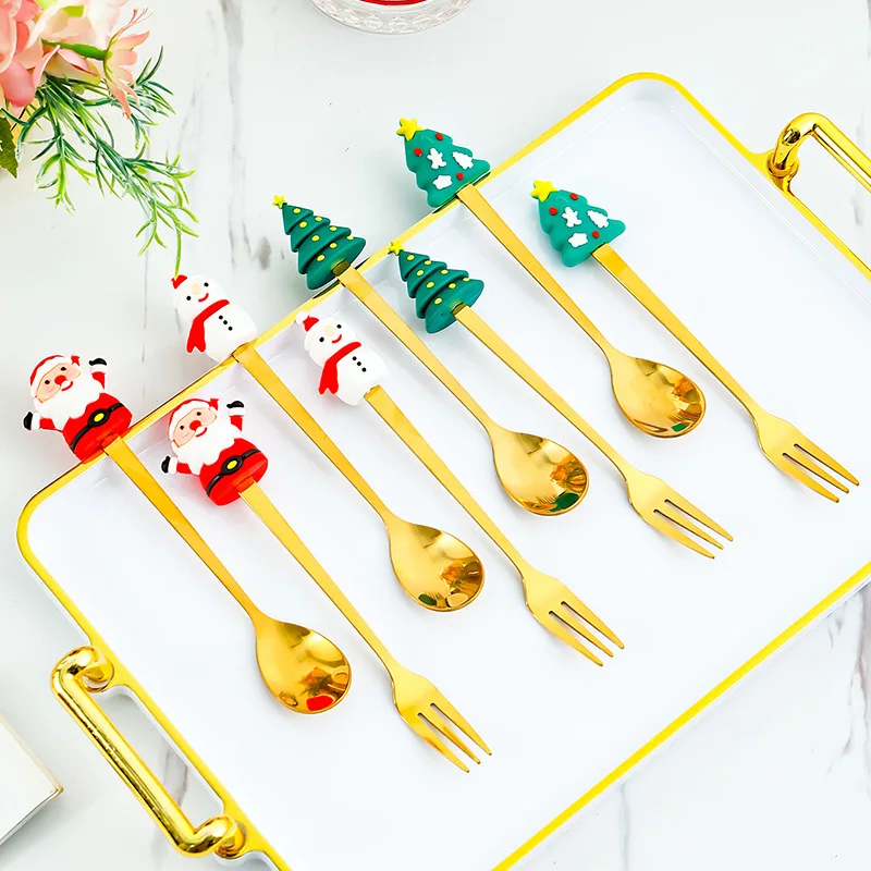 

60PCS Cartoon Santa Claus Christmas Tableware Set Stainless Steel Dessert Spoons Fork Gift Box Set Festive Dining Accessories
