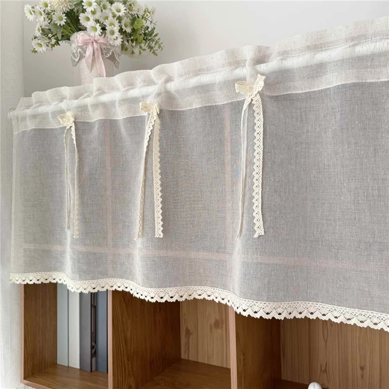 French Romantic Beige Bow Short Sheer Curtain with Crochet Lace Bottom Rod Pocket for Kitchen Living Room Bedroom Home Decor
