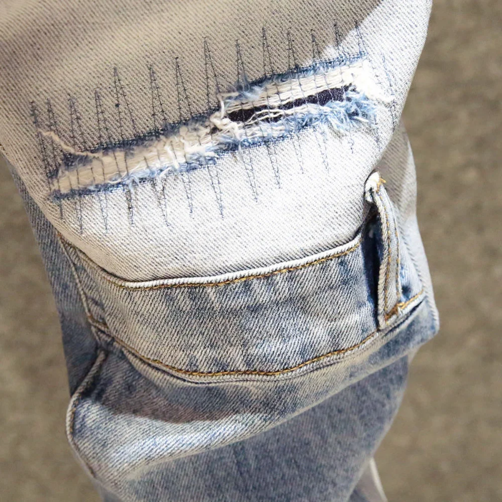 European Jean Men Embroidery Patchwork Ripped Jeans Trend Brand Motorcycle Pant Mens Skinny Jeans pantalones hombre streetwear