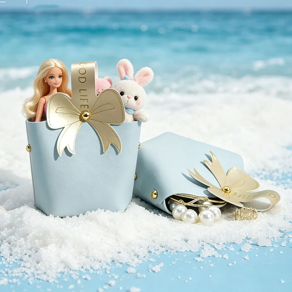 

Light Blue Pu Leather Jewelry Gift Pouch Handbag Wedding Party Favor Candy Portable Packaging For Guest Bow Tie Mini Basket box