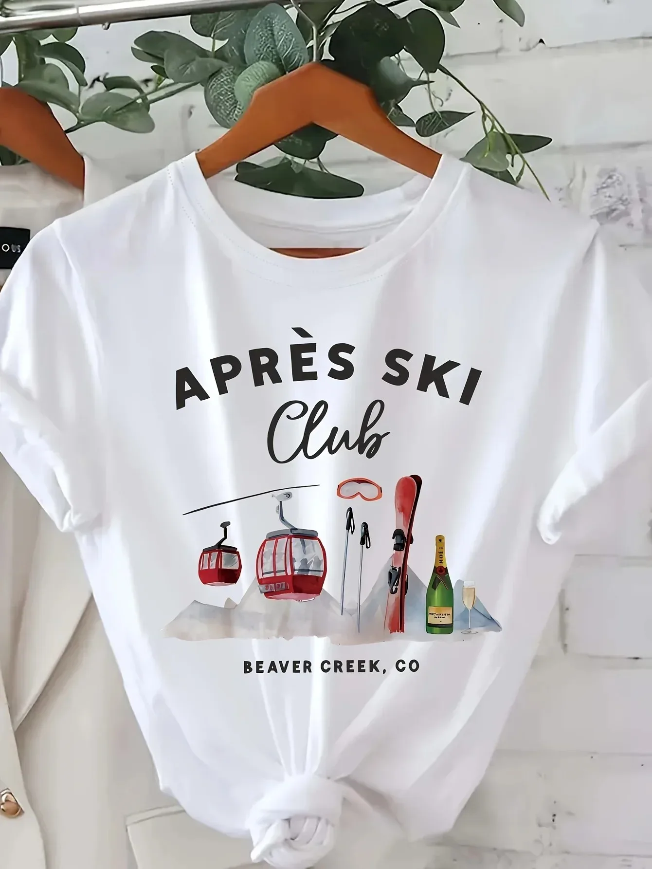 Women Après Ski Club Graphic Print with Ski Lifts Snowboards Casual Short Sleeve Crew Top for 2026 Summer Men's Clothing Clothes