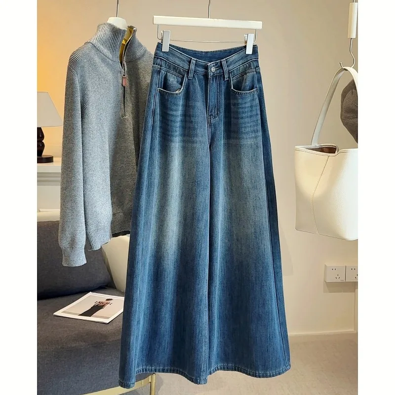 

Утепленные женские джинсы с высокой талией, новинка зимы 2025 года, винтажные универсальные широкие джинсовые брюки, свободные женские брюки