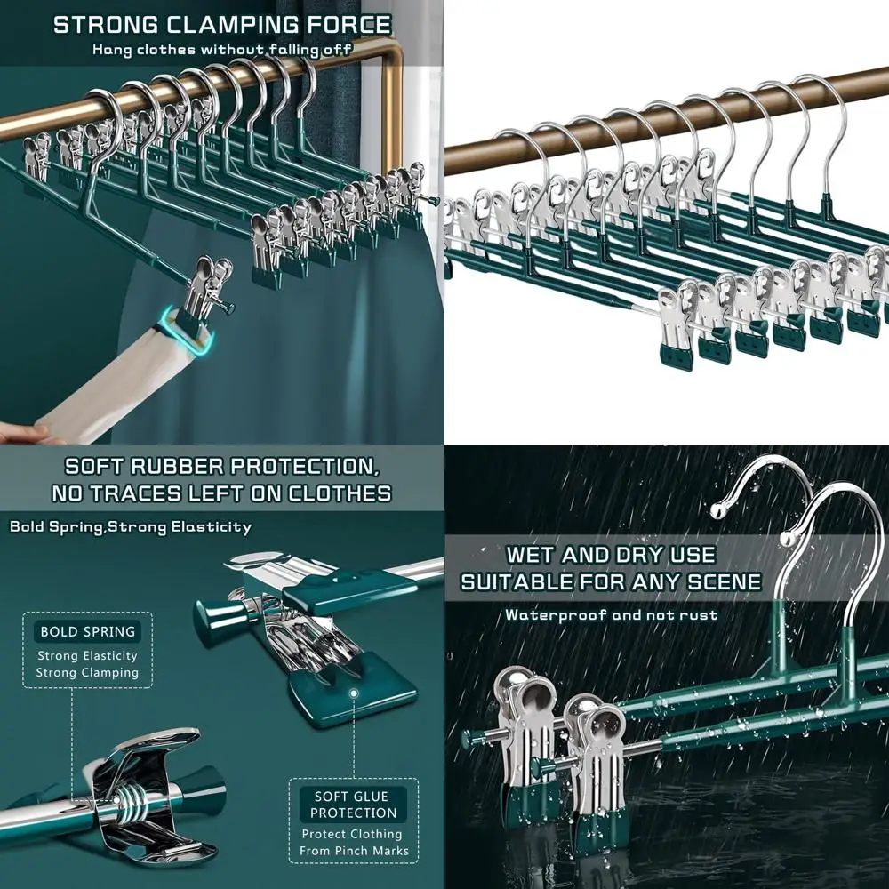 

14-Inch Adjustable Metal Hangers with Clips for Women's Skirts, Pants, Shorts, Jeans - Heavy Duty, Space-Saving, Green