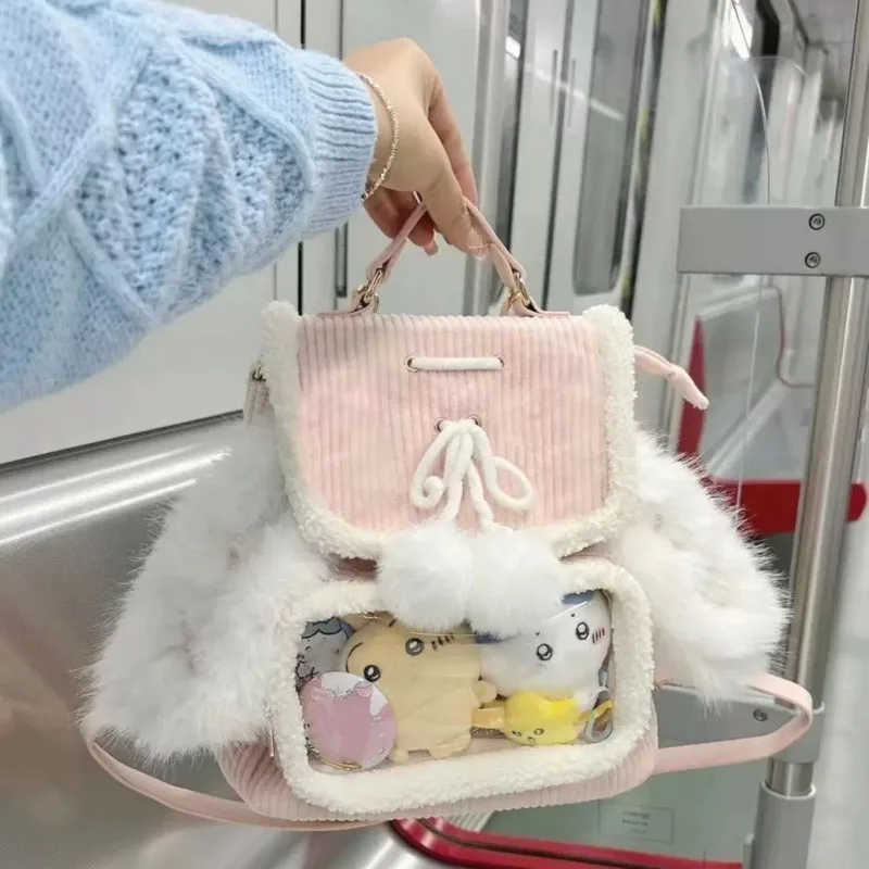 Corduroy Kawaii Pink Pain Backpacks Rabbit Ears Spliced Japanese Ita Bag Transparent Pocket Lolita Plush Backpack Y2k Girls Bags