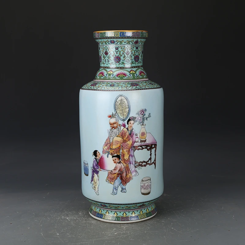 Qing Dynasty Qianlong Enamel Colorful Longevity Star Picture Stick Hammer Vase Antique Porcelain Collection