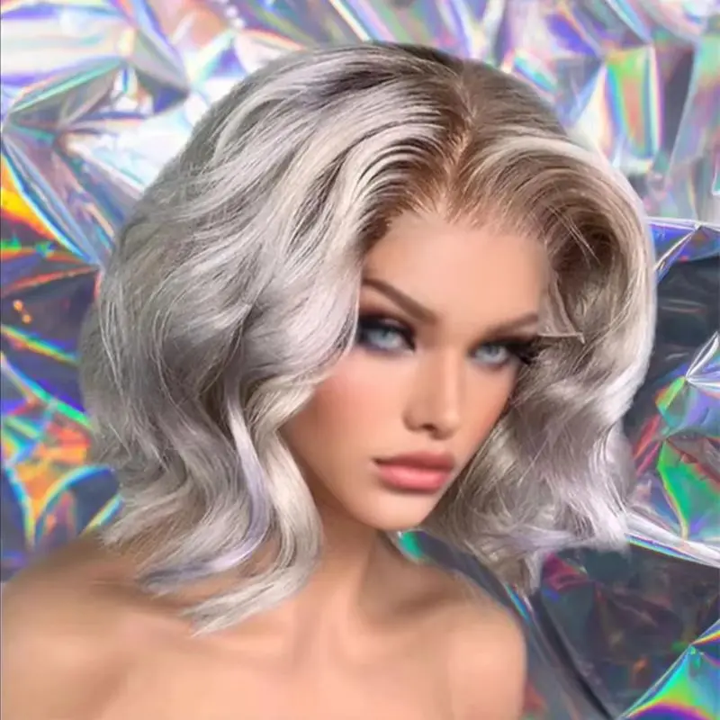 

Short Wave Bob Preplucked Realistic Hairline Silver Blonde Straight Lace Front Synthetic Wig Middle Part Hairline Natural Hair