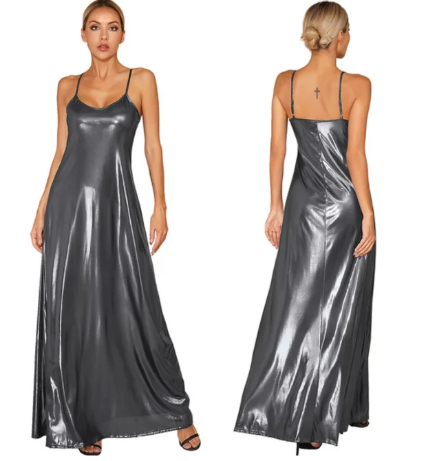 Womens Metallic Shiny Cocktail Party Formal Maxi Dress Elegant Dresses Clubwear V Neck Adjustable Spaghetti Strap Backless Dress