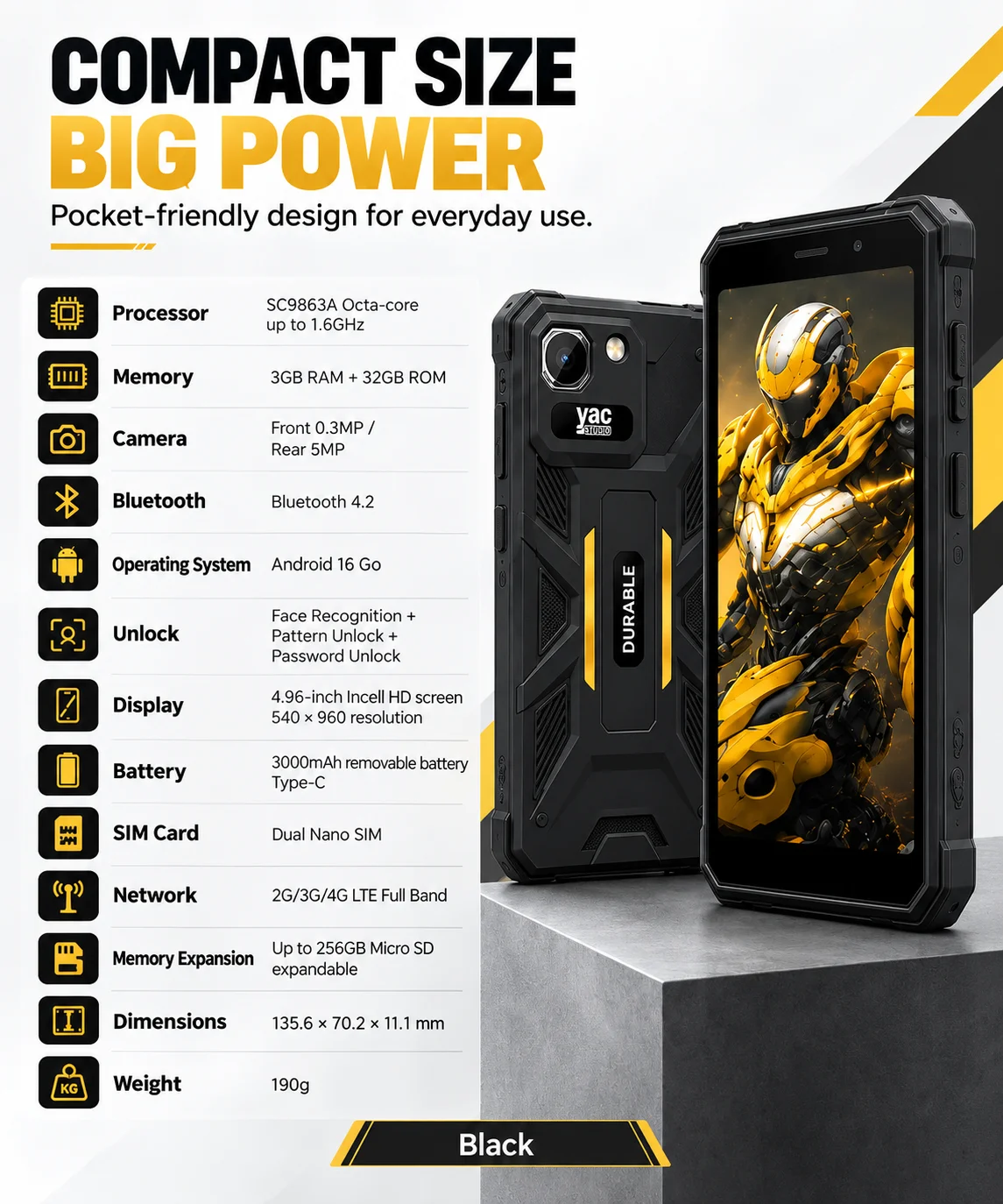 YACDELO ROCK V1 Mini Smartphone Compact Size 4.96' Display 3GB 32GB Removable 3000mAh Battery Android 16 GO Light Weight Phone