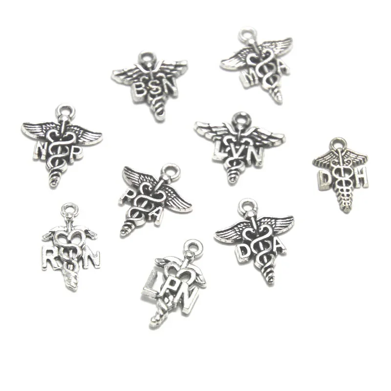 15pcs Medical Sign Charm Nurse RN NP BSN MA LVN PA RN LPN DA DH Antique Silver Pendants 11x20mm