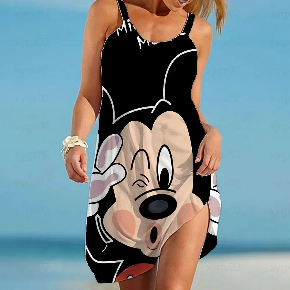 Disney Mickey e Minnie Mouse feminino, vestido boho solto, vestido elegante para praia estilingue, blusa sexy, 2022