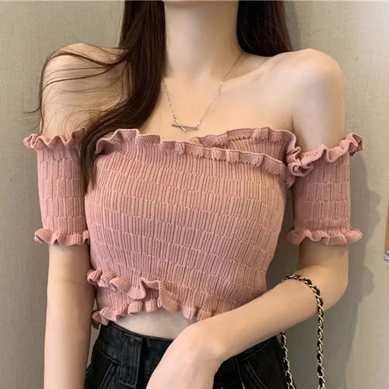 ZHUANQING Off Shouder T-Shirt Knitting  Crop Top European And American Style Dew Shoulder Lapels Short Sleeves Women Clothes