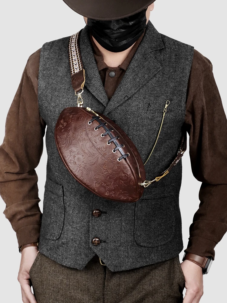 Original Niche Genuine Leather Rugby Chest Bag Trendy Brand Men's Shoulder Crossbody Bag Handmade Cowhide Small Vintage Backpack