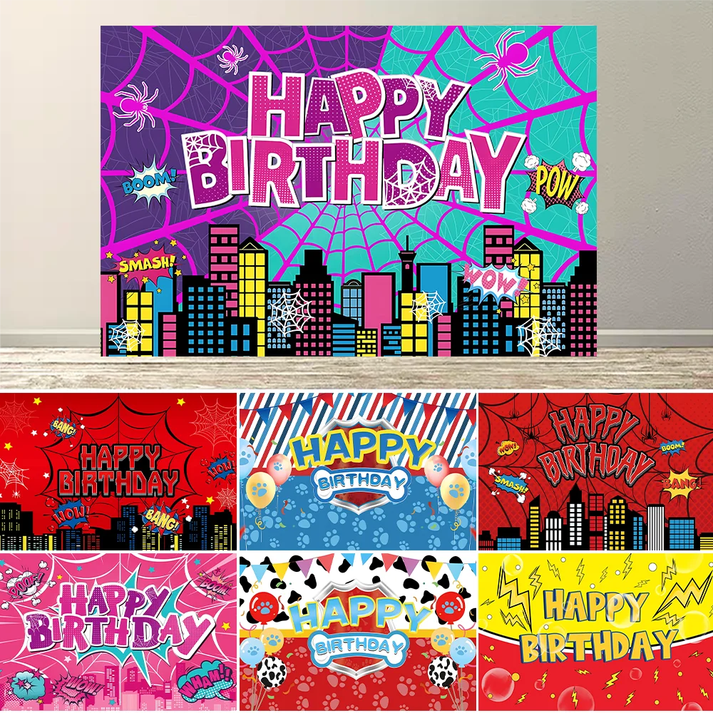 Fondo de fotografía para fiesta de cumpleaños, tela de araña roja y rosa, hueso de perro, decoración de héroes de Super ciudad, pancarta, Baby Shower, fiesta de cumpleaños