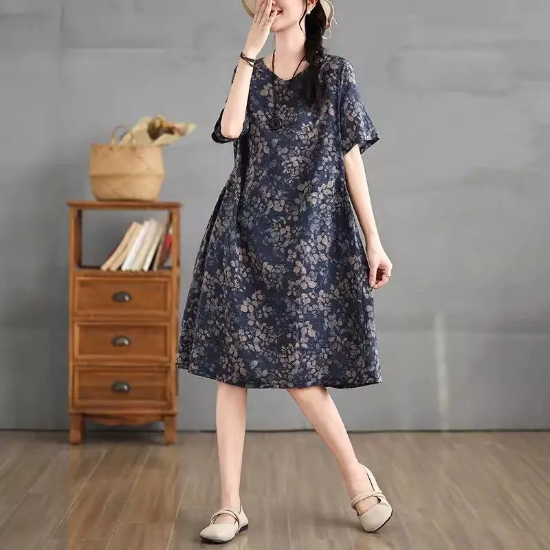 Artistic Casual Loose Versatile Cotton And Linen Dress For Women Short Sleeve 2024 Summer Clothing Printed Vestidos K2018