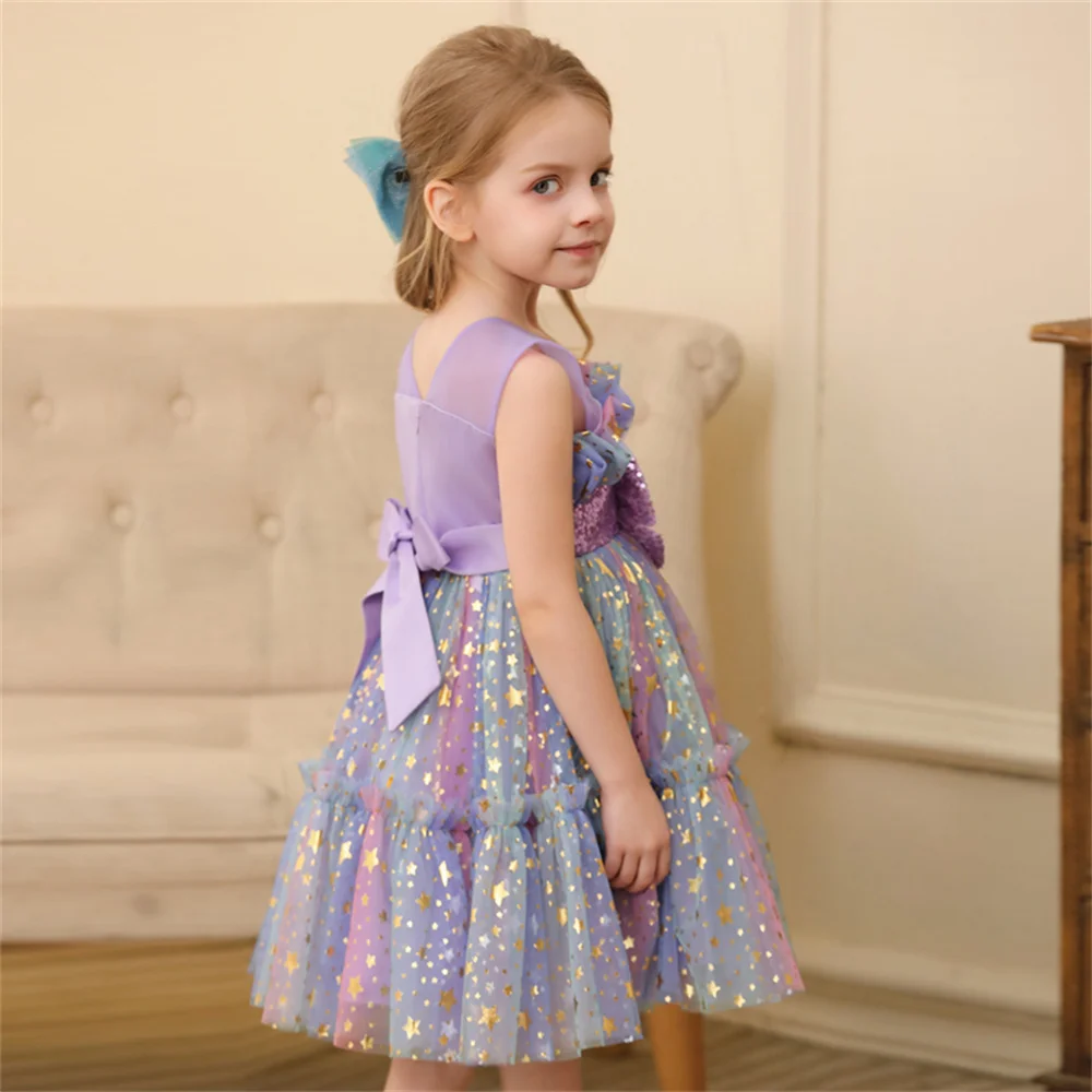 0-6 Years Baby Girl Sleeveless Colorful Mesh Dresses Kids Girl Purple Gown For Birthday Ceremony Party Children Bowknot Dress