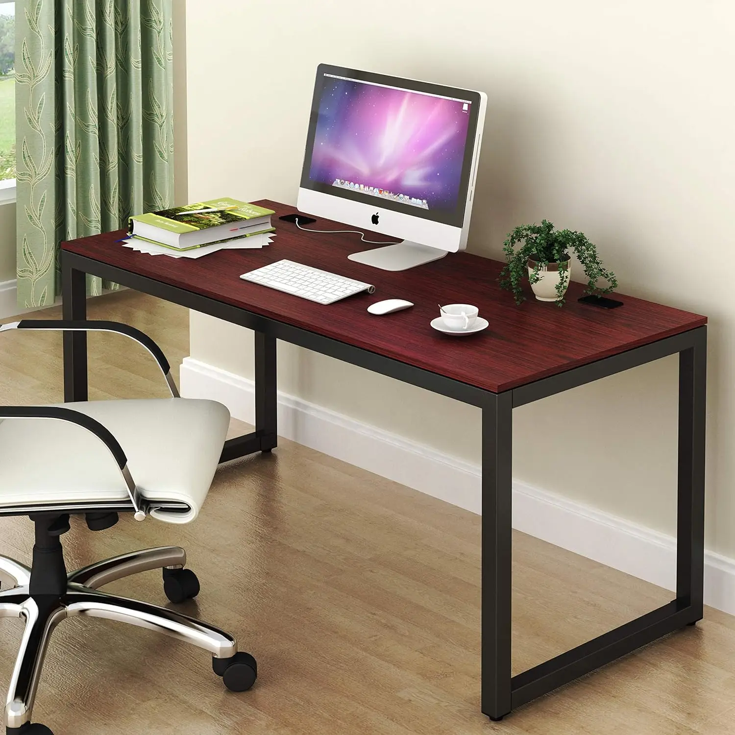 55 inch large computer desk in home office, 24 inches deep, black/cherry color