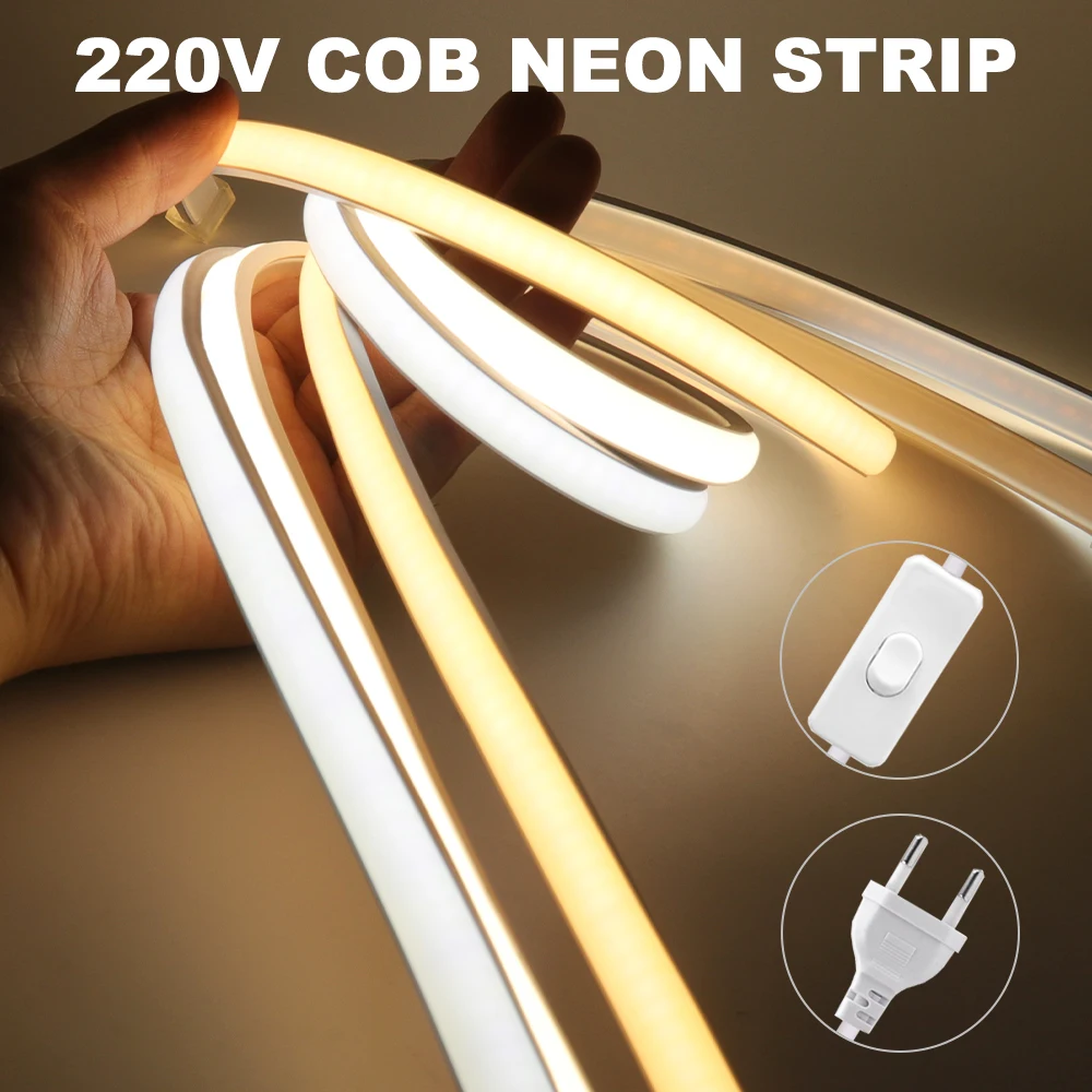 COB LED Strip Neon Light 220V EU Plug Garden Waterproof Lamp 288LEDs/m Flexible LED Tape For Kitchen Bedroom Linear Lighting