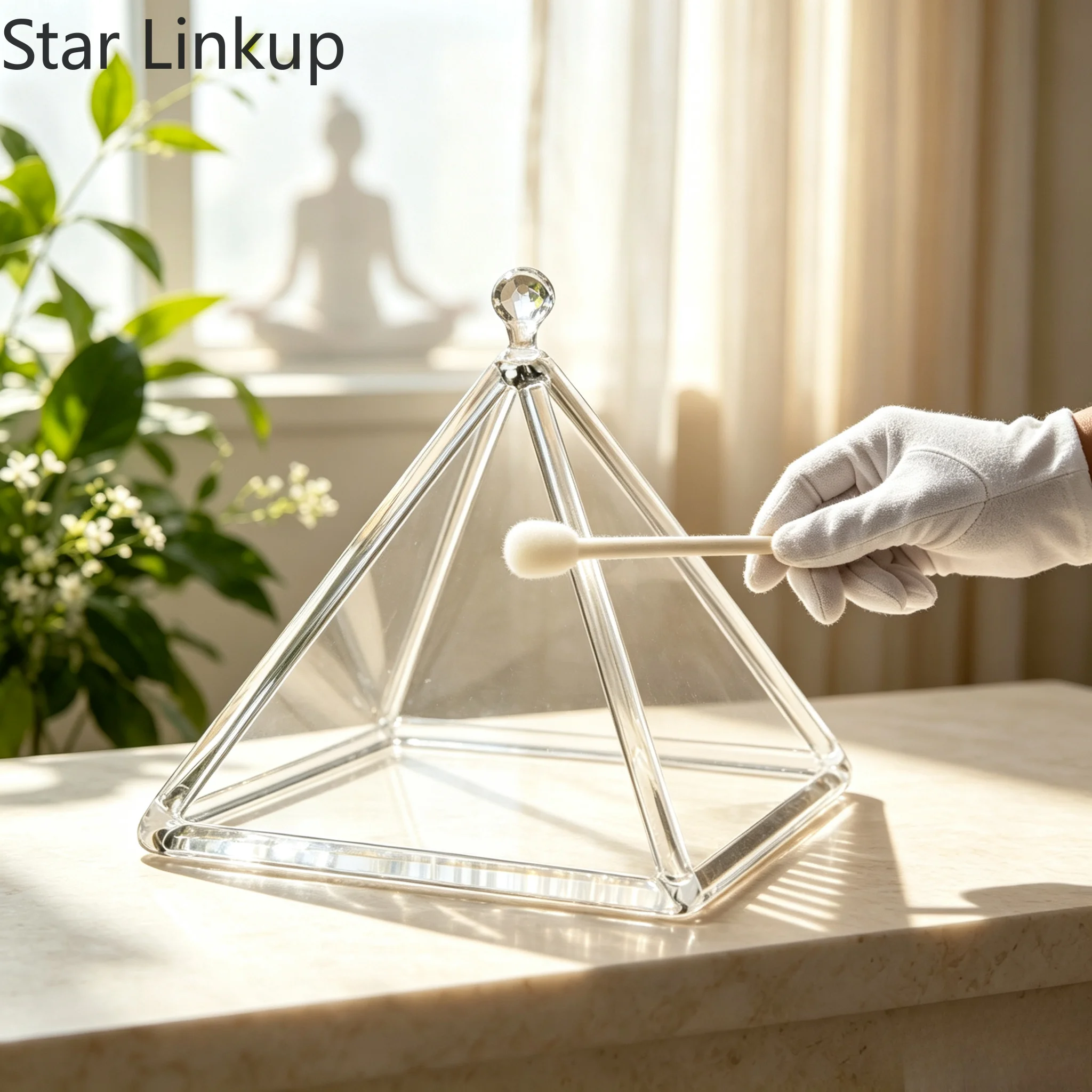 Star Linkup Transparent Quartz Sound Pyramid Bowl, Professionally tuned for chakra balancing and spiritual healing, ideal meditation accessory to purify energy field during yoga