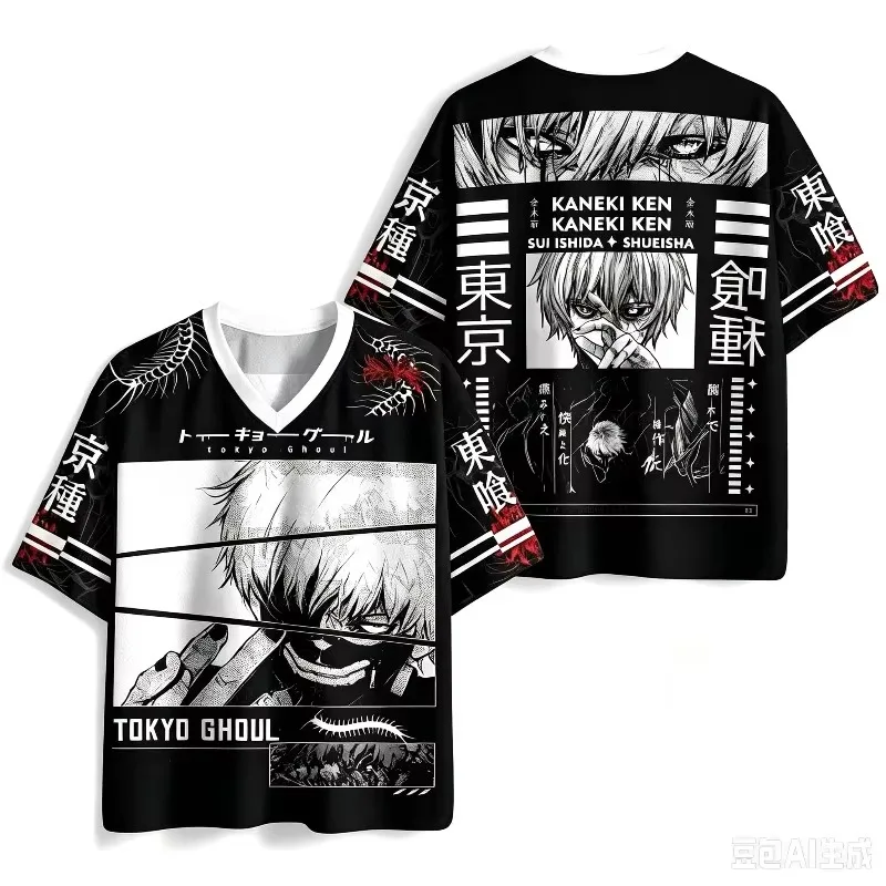 Anime Tokyo Ghoul Ken Kaneki Pattern Spider Centipede Pattern V-neck Mesh Street Style Role Playing Casual Top