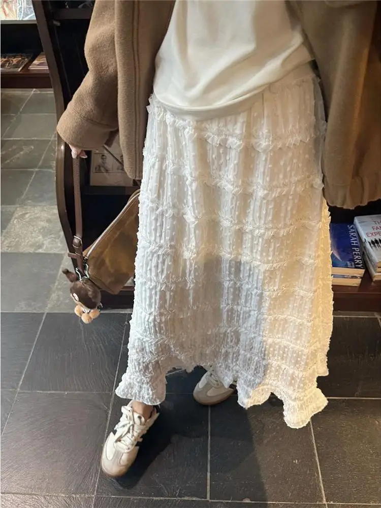 Romantic Style Lace Splicing A-Line Long Skirt Women's Loose Fit High Waist Romantic Feel Spring Summer City Walk Pure Color